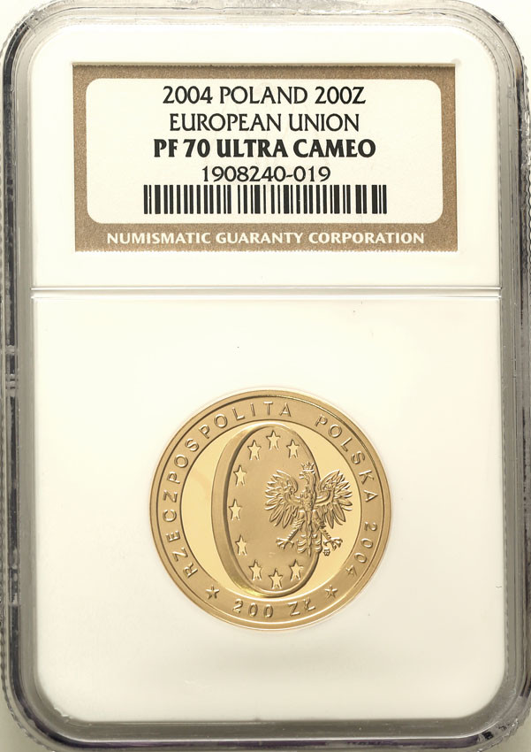 III RP. 200 złotych 2004 Wstąpienie Polski do Unii Europejskiej NGC PF70 ULTRA CAMEO (MAX)